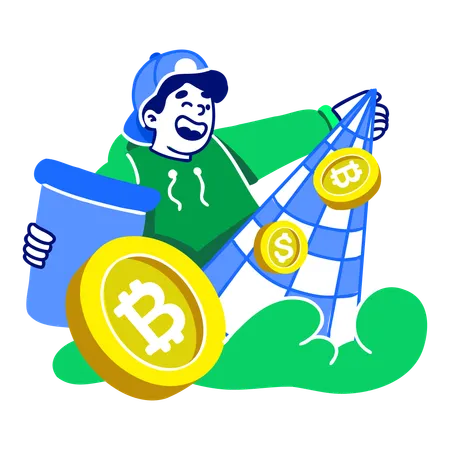 Un homme attrape des bitcoins  Illustration