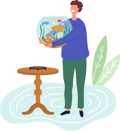 Homme avec bocal à poissons  Illustration