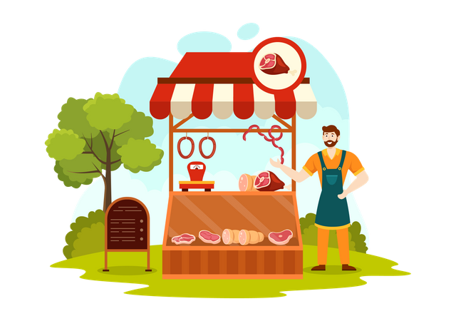 Homme au magasin de viande  Illustration