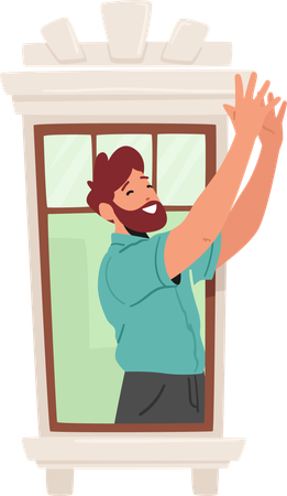 Homme avec les mains levées à la fenêtre  Illustration