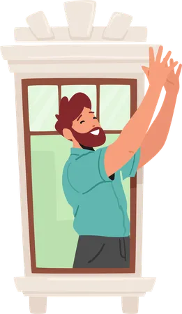 Homme avec les mains levées à la fenêtre  Illustration