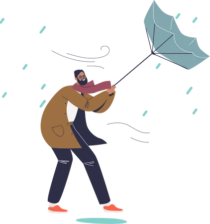 Homme aux prises avec le vent tenant un parapluie sous la pluie  Illustration