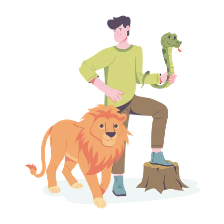 Homme avec des animaux sauvages  Illustration