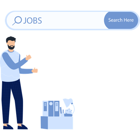 Homme avec barre de recherche, bureau et bouton de recherche  Illustration