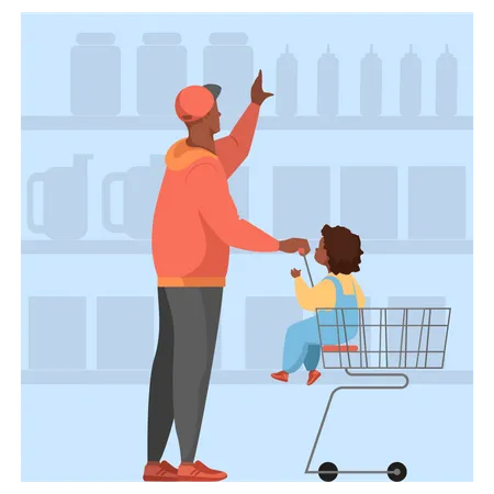 Homme avec bébé marchant avec panier dans un supermarché  Illustration