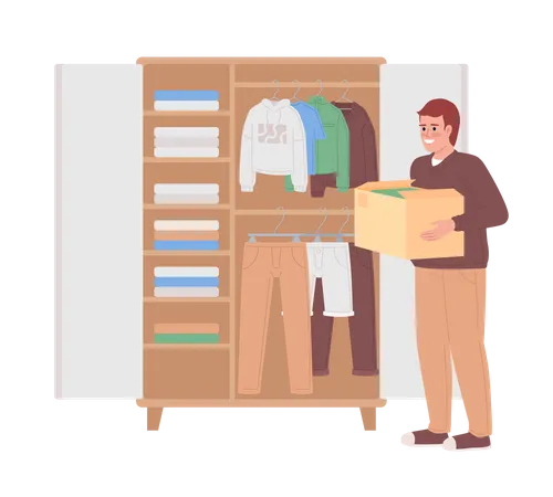 Homme avec boîte près du placard de la chambre ouverte  Illustration