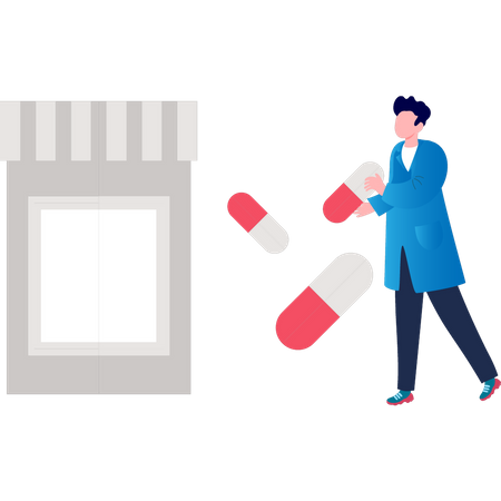 Homme avec une bouteille de capsules  Illustration