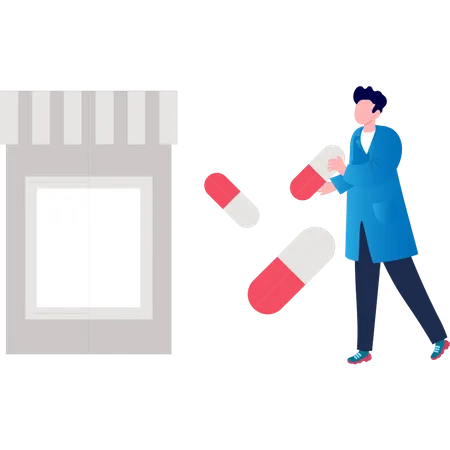 Homme avec une bouteille de capsules  Illustration