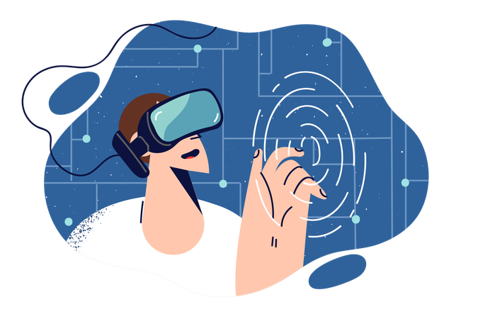 Un homme avec un casque VR sur la tête sourit en touchant un écran invisible visitant le métaverse.  Illustration