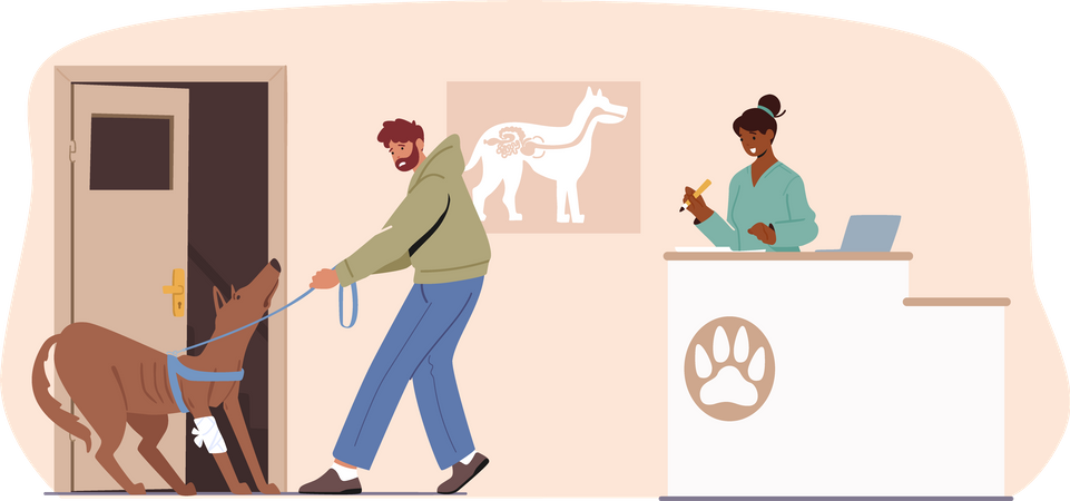 Homme avec chien visitant une clinique vétérinaire  Illustration