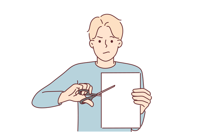 Un homme avec des ciseaux coupe une feuille de papier  Illustration