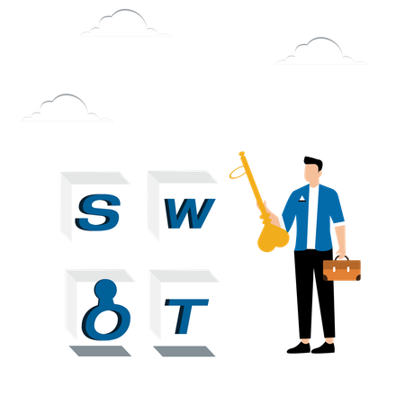 Homme avec une clé près de SWOT avec trou de serrure  Illustration