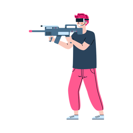 Un homme portant des lunettes de réalité virtuelle et un blaster jouent à un jeu de simulation de guerre en réalité virtuelle  Illustration