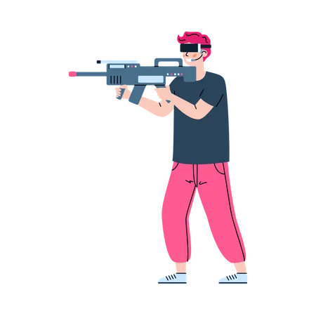 Un homme portant des lunettes de réalité virtuelle et un blaster jouent à un jeu de simulation de guerre en réalité virtuelle  Illustration