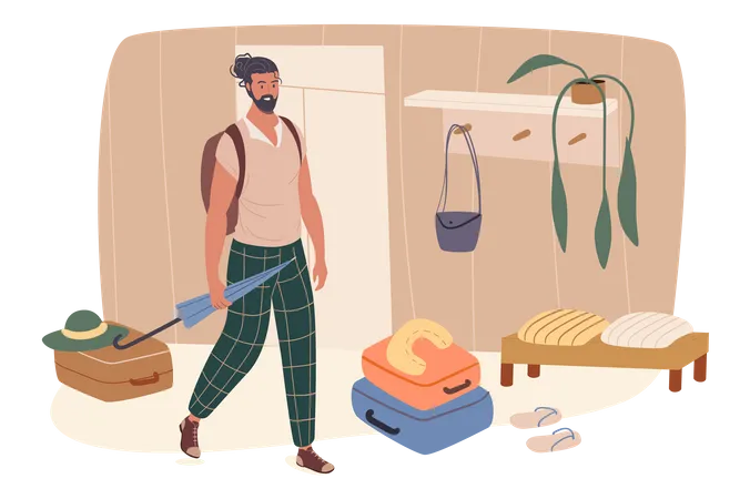 Un homme avec des valises se tient dans le couloir et part en vacances  Illustration