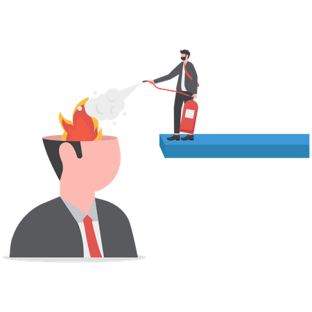 Un homme avec un extincteur tente d'éteindre un feu brûlant sur une tête humaine  Illustration