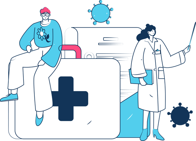 Homme avec une femme médecin montrant un rapport corona  Illustration