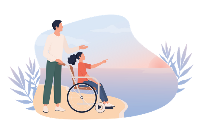 Homme avec une fille assise sur un fauteuil roulant sur la plage  Illustration