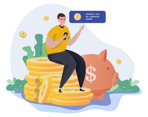 Homme avec finance mobile pour gérer ses revenus  Illustration