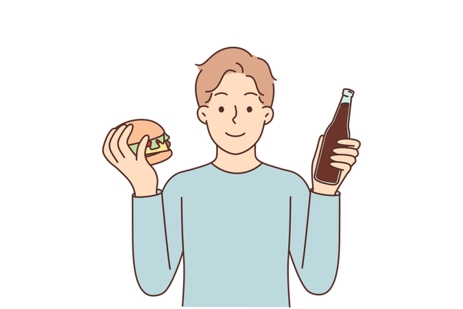 Un homme avec un hamburger et un soda propose une restauration rapide ou un restaurant de rue avec de délicieux sandwichs  Illustration