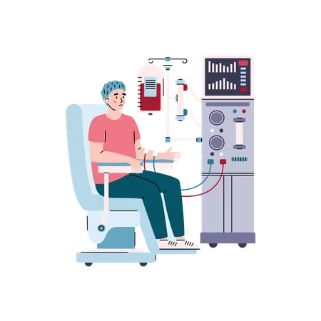 Un homme souffrant d'insuffisance rénale et soumis à une dialyse sanguine  Illustration