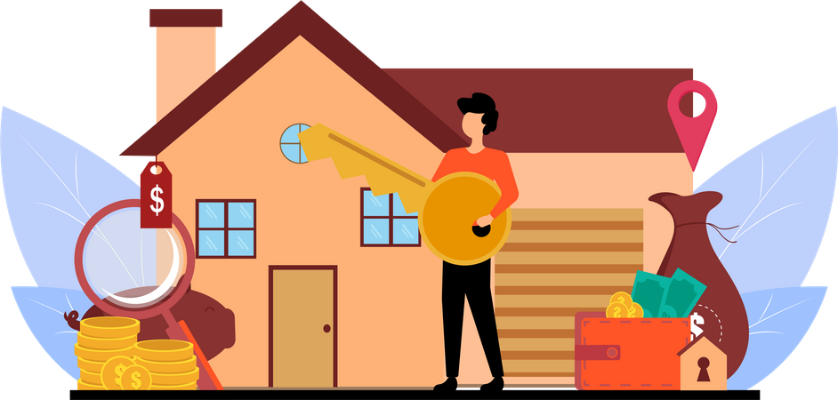 Homme avec clé pour ouvrir la maison  Illustration