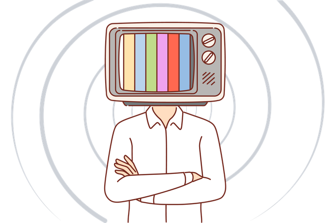 Un homme avec une télévision au lieu de la tête se tient debout, les bras croisés, démontrant l'absence de signal  Illustration