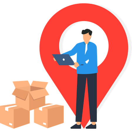 Homme avec ordinateur portable près de cartons et d'une épingle de localisation  Illustration