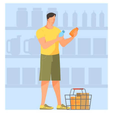 Homme avec panier choisissant des produits d'épicerie au supermarché  Illustration