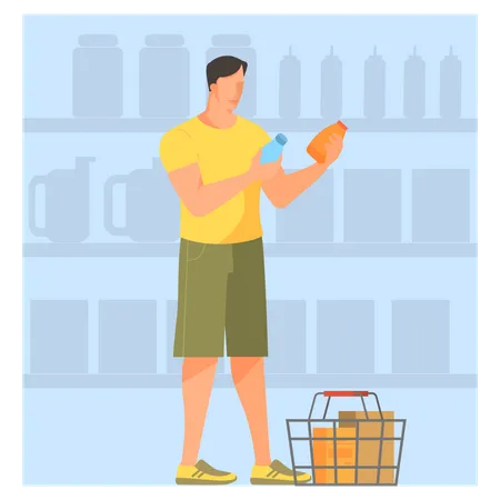 Homme avec panier choisissant des produits d'épicerie au supermarché  Illustration