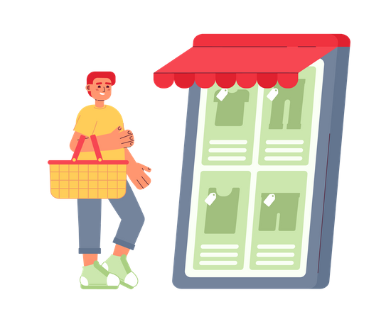 Homme avec panier visitant un magasin de vêtements en ligne  Illustration