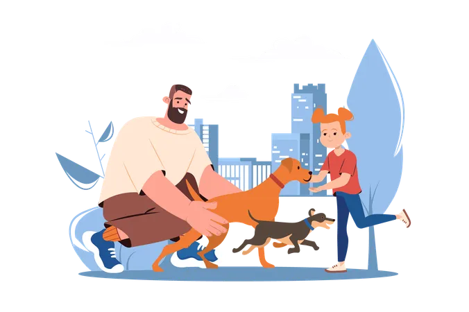 Homme avec sa fille promenant leurs chiens  Illustration