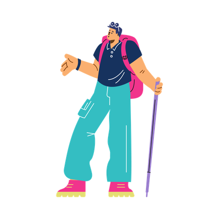 Homme avec sac à dos et bâton en randonnée  Illustration