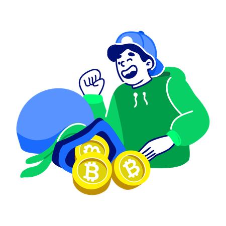 Homme avec un sac en bitcoins  Illustration