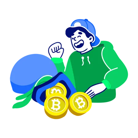 Homme avec un sac en bitcoins  Illustration