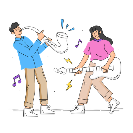 Homme avec saxophone et femme avec guitare  Illustration
