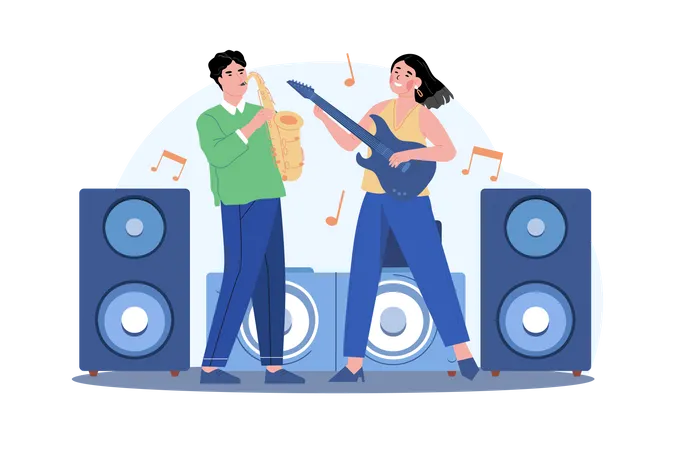 Homme avec saxophone et femme avec guitare  Illustration