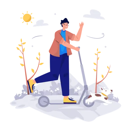 Homme avec scooter et chien au printemps  Illustration