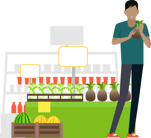 Homme avec de l'ananas dans les mains, debout près d'une vitrine de fruits et légumes dans un supermarché  Illustration