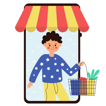 Homme avec un caddie faisant des achats en ligne  Illustration