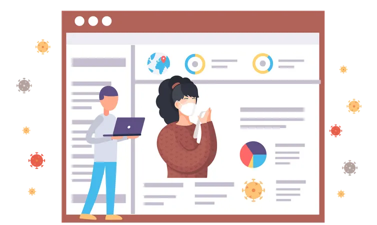 Un homme avec un ordinateur portable devant un poste d'information écoutant des informations sur le virus Covid-19  Illustration