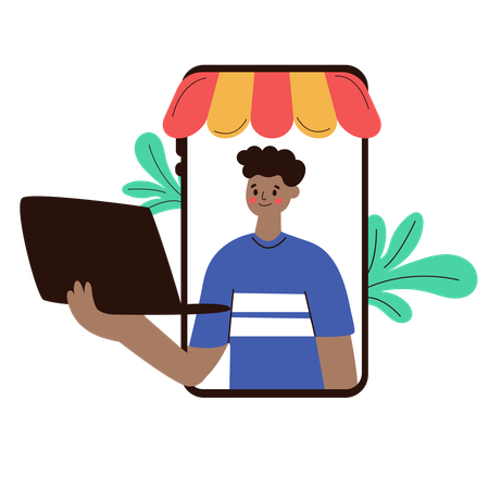 Un homme avec un ordinateur portable faisant des achats en ligne  Illustration