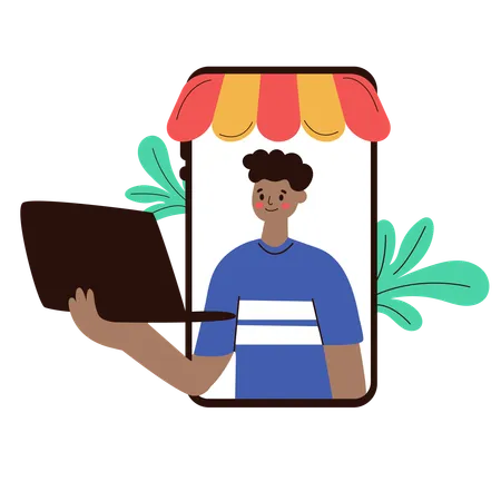 Un homme avec un ordinateur portable faisant des achats en ligne  Illustration