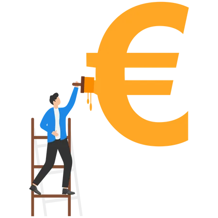 Homme avec un rouleau à peinture pour peindre le symbole de l'euro  Illustration