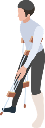 Homme avec une jambe cassée marchant avec des béquilles  Illustration