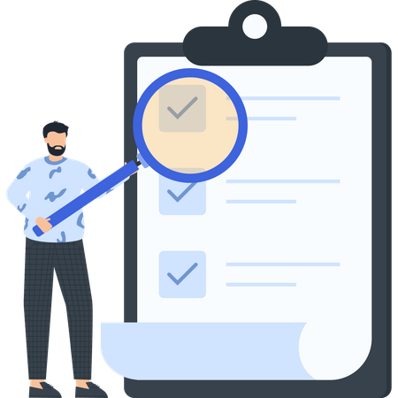 Homme avec une loupe examinant la liste de contrôle  Illustration