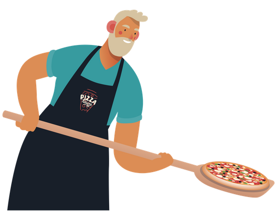 Homme avec une pelle en bois mettant la pizza au four  Illustration