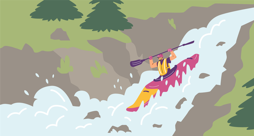 Un homme avec une rame dans un kayak flottant sur une rivière  Illustration