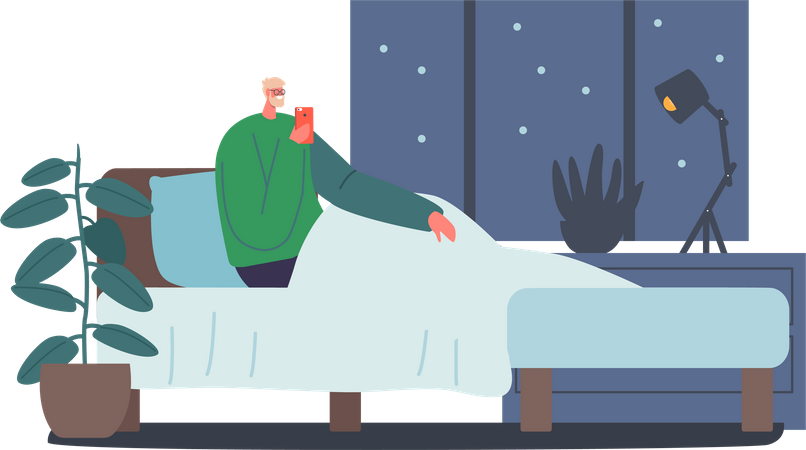 Homme souffrant de troubles du sommeil dus à une dépendance au smartphone  Illustration