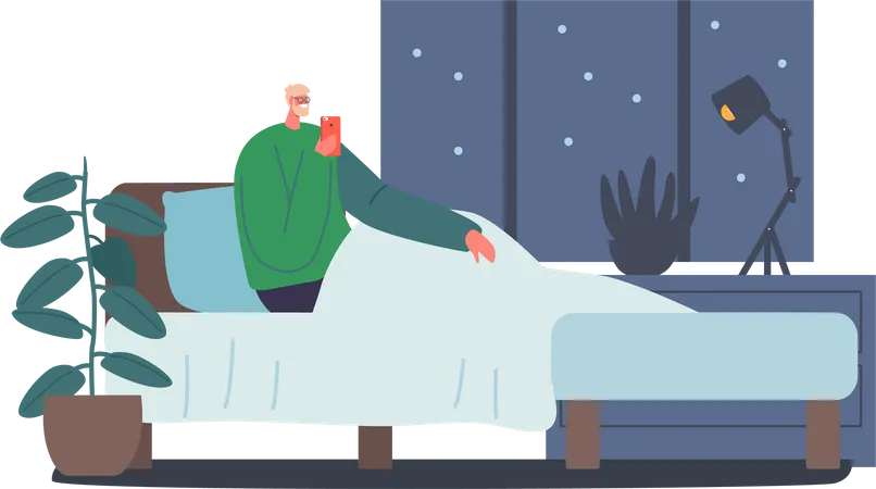 Homme souffrant de troubles du sommeil dus à une dépendance au smartphone  Illustration